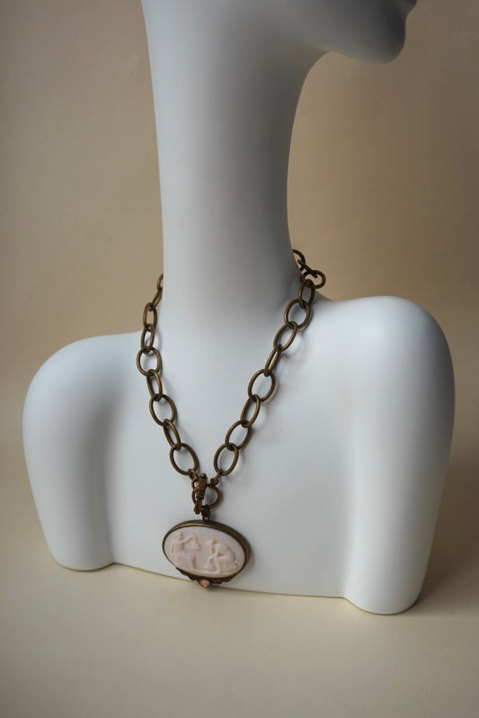 “Extasia” Pink Coral Cameo Glass Byzantine Necklace