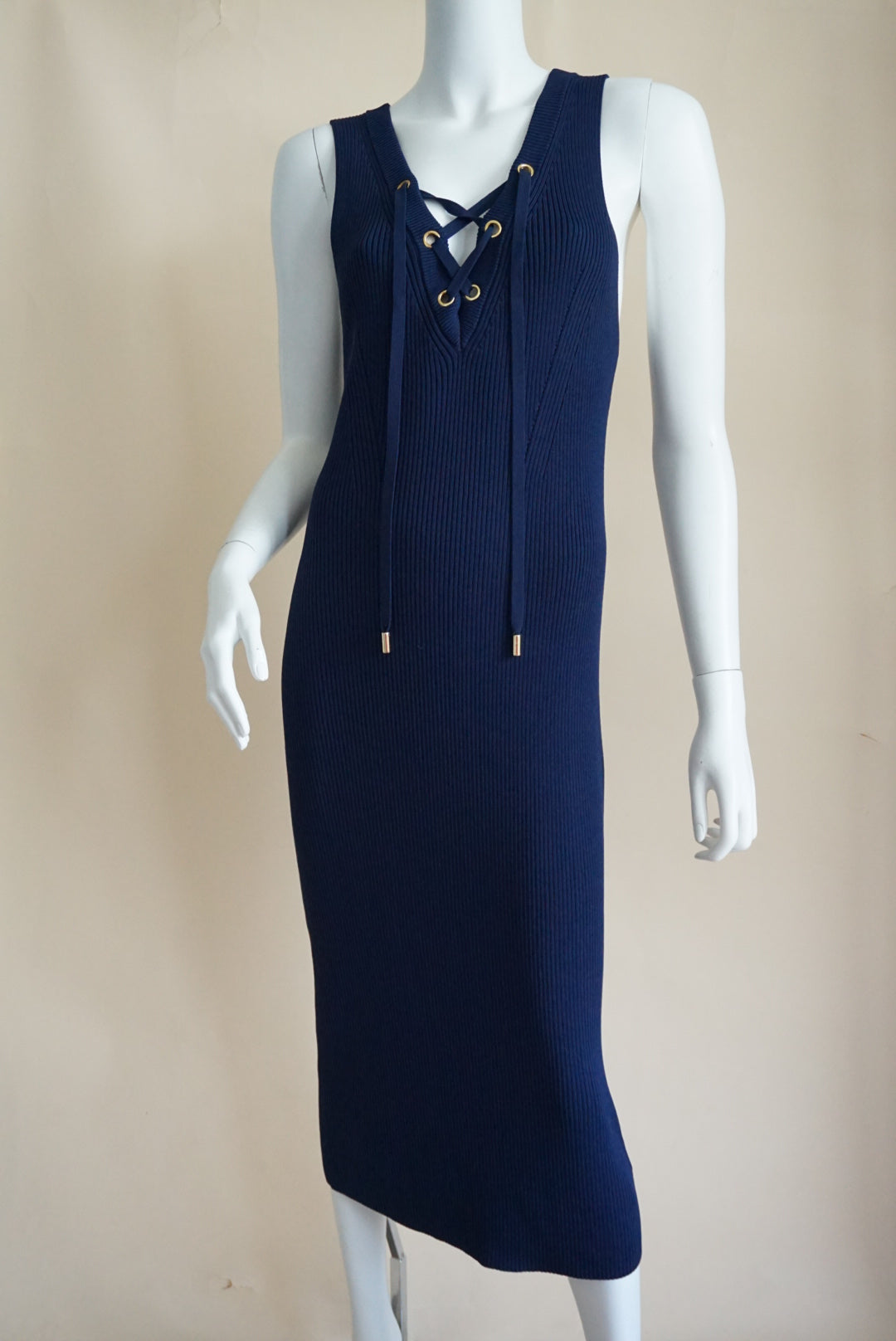 Michael Kors Navy Ribbed Knit Sleeveless Midi Dress - XL