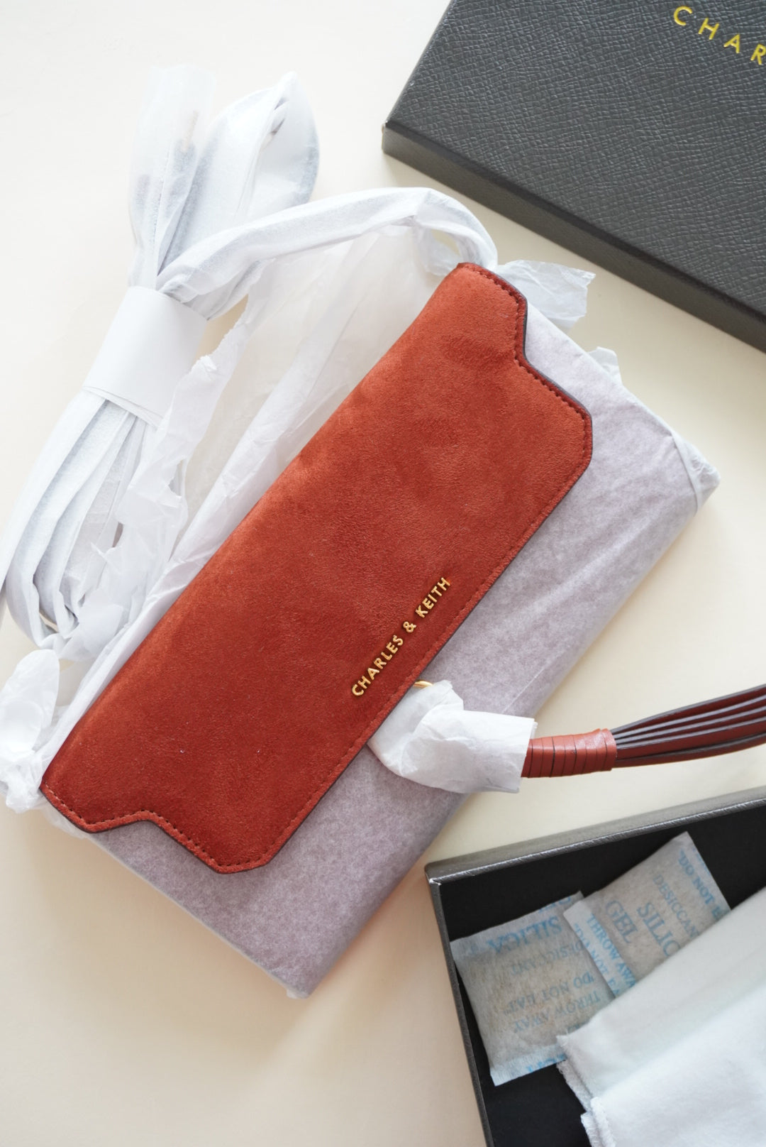 Charles & Keith Suede Orange Crossbody Tassle Wallet NIB NWT