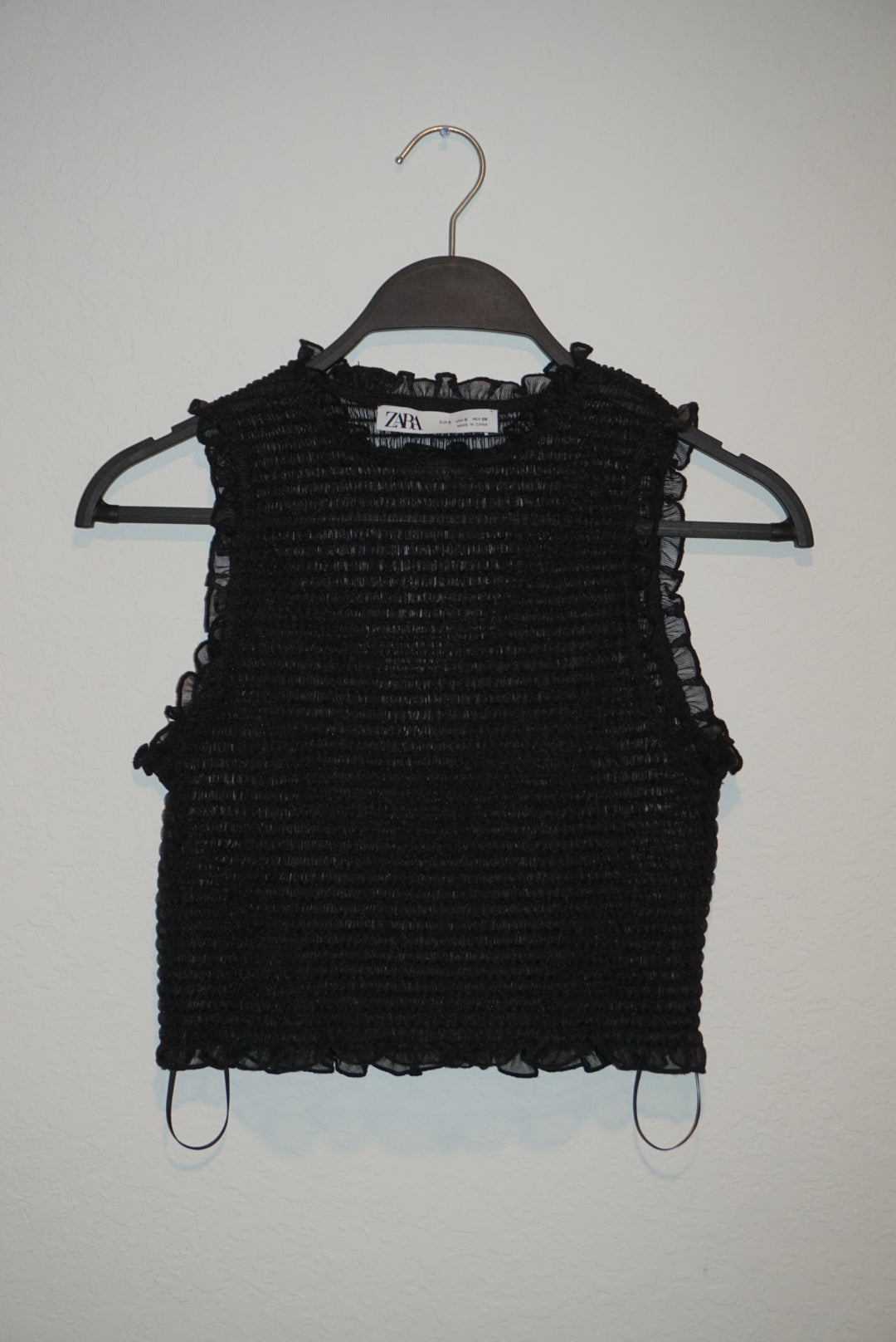 "Zara" Sheer Shirred Ruffle Trim Sleeveless Cropped Blouse - Size Small