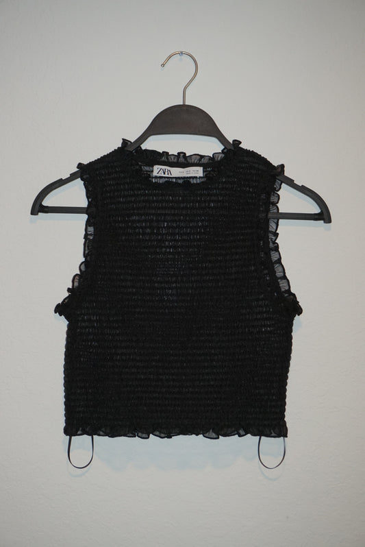 "Zara" Sheer Shirred Ruffle Trim Sleeveless Cropped Blouse - Size Small