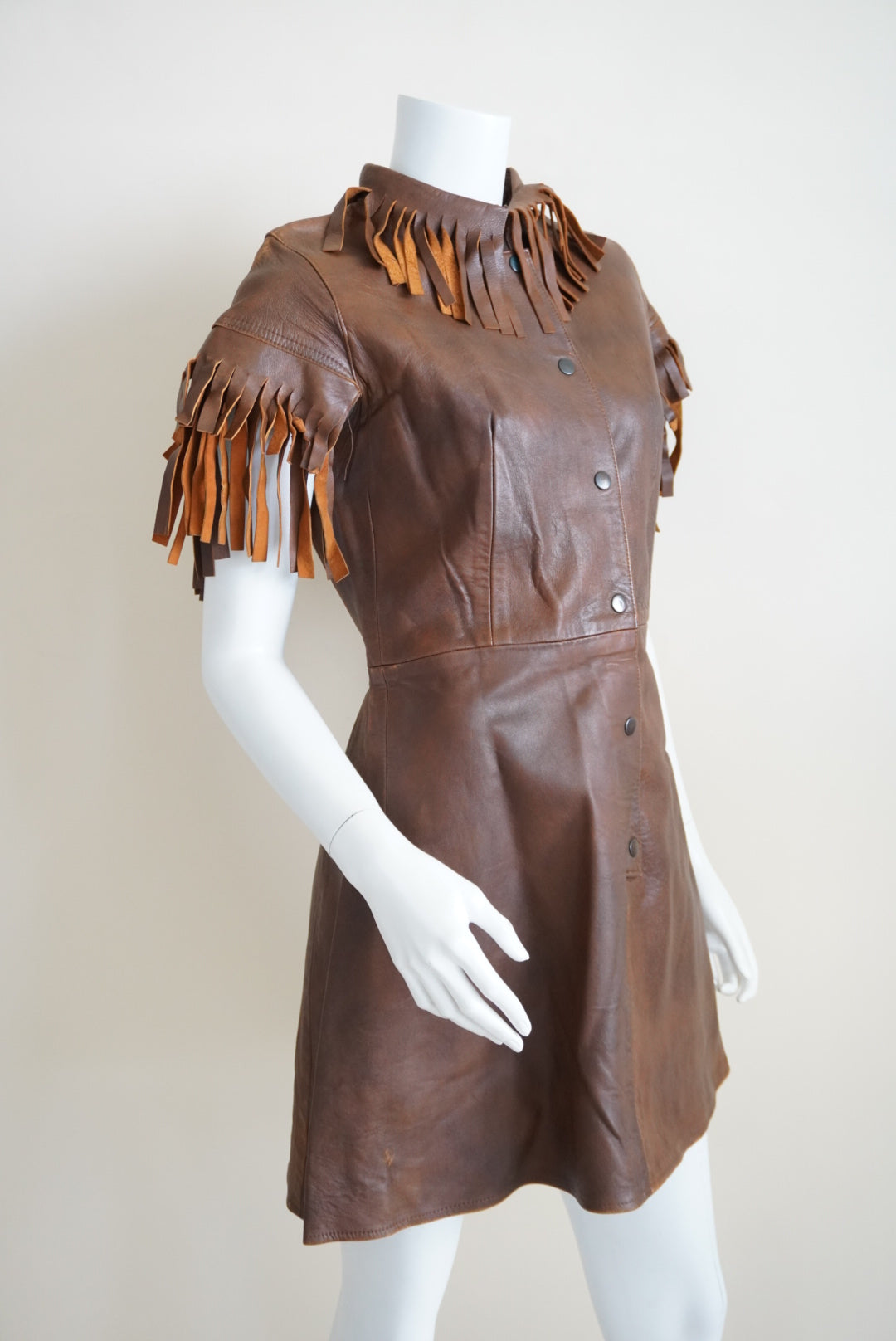 Vintage 60s/70s Bohemian-Mod Style Fringe Handmade Brown Leather Dress - Flaw
