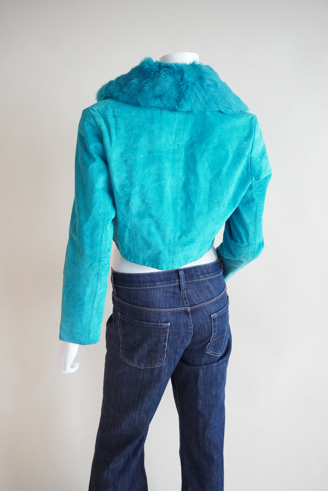 Luciano Dante Y2K Turquoise Vintage Leather Rabbit Fur Collar Bolero Jacket - Size Medium