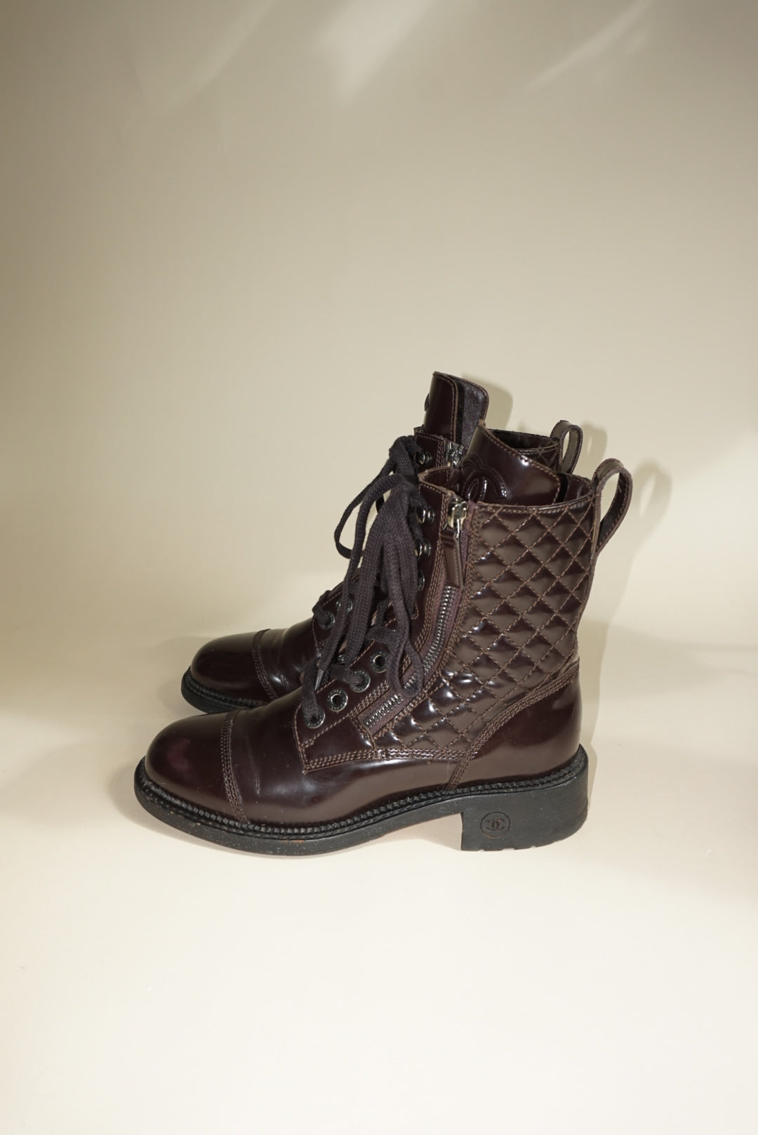 “Chanel” Dark Burgundy Shiny Calfskin Quilted CC Lace Up Combat Boots - Size 36.5