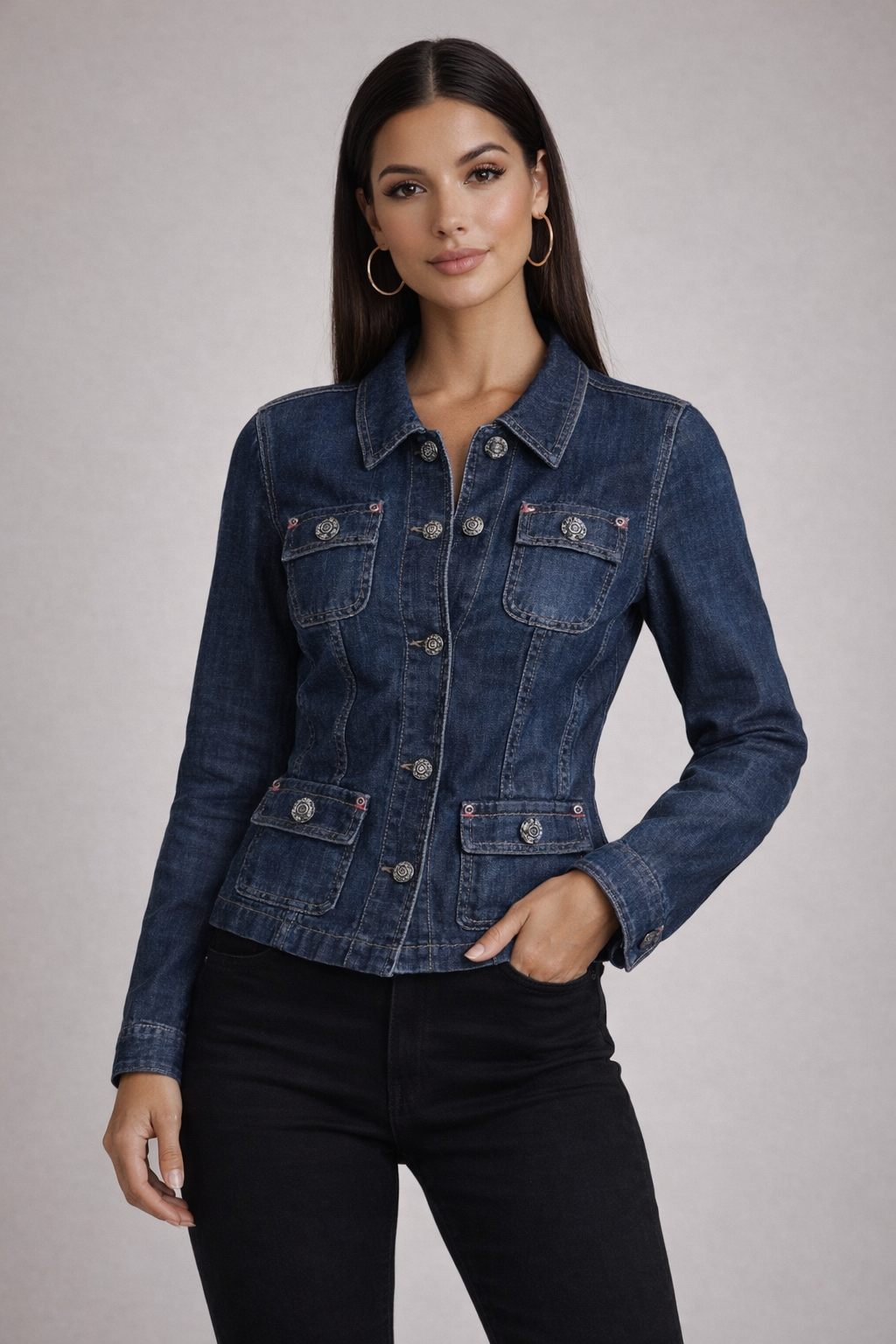 Elie Tahari Denim Y2K Rhinestone Button Blazer Denim Jacket - Size S/M