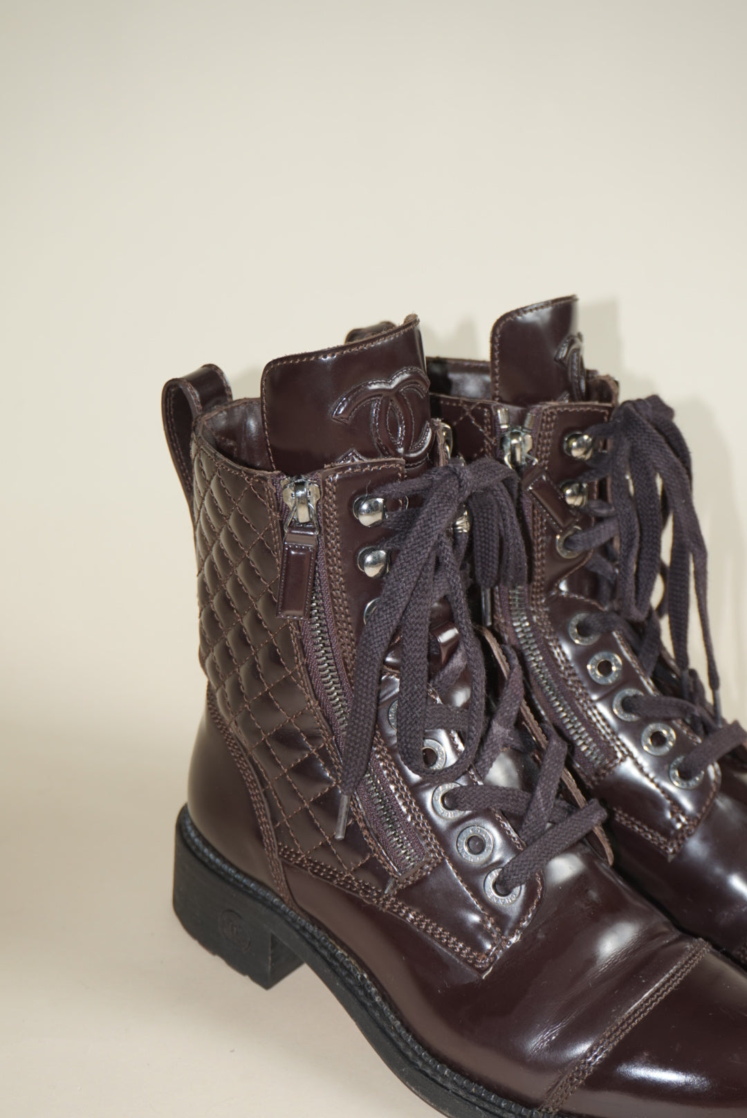 “Chanel” Dark Burgundy Shiny Calfskin Quilted CC Lace Up Combat Boots - Size 36.5