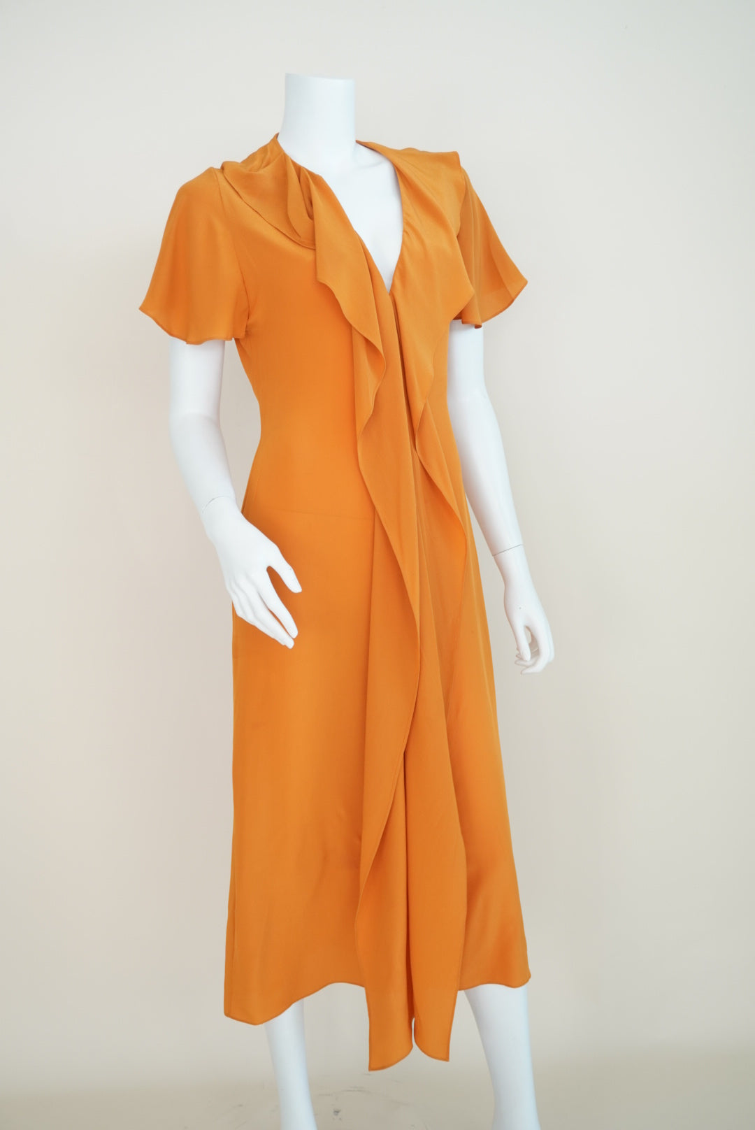 Victoria Beckham Mustard Silk Made in Italy Ruffle Plunge Neck Dress