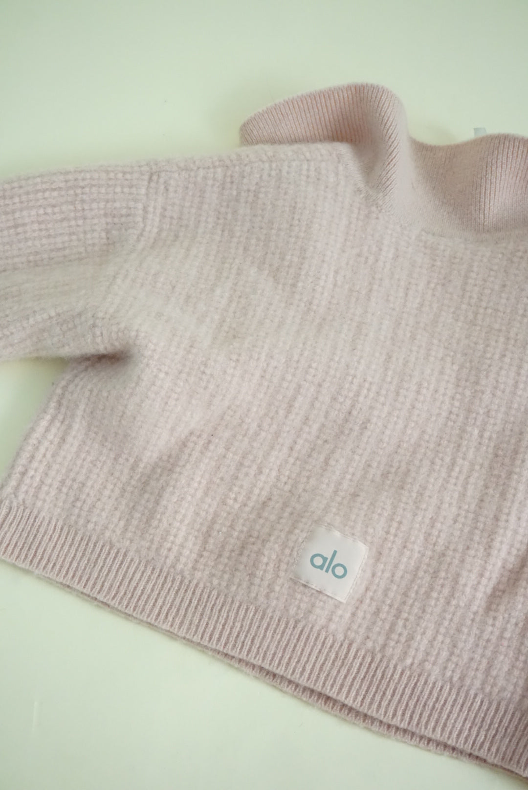 Alo Cashmere Plush Waffle Pink Cable Knit Cropped Polo Tee - XS/S