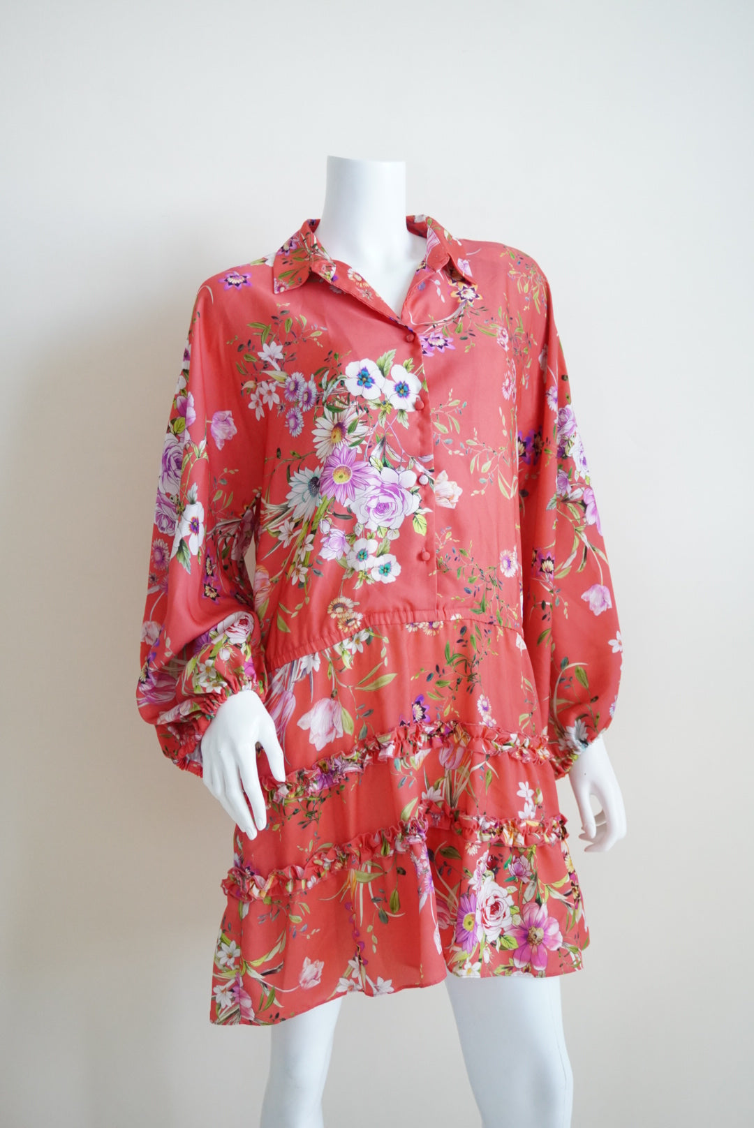 Alexis Orange Floral Drop Waist Shirt Ruffle Trim Dress - Size Large