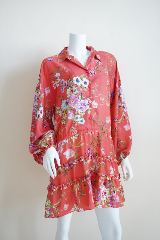 Alexis Orange Floral Drop Waist Shirt Ruffle Trim Dress - Size Large