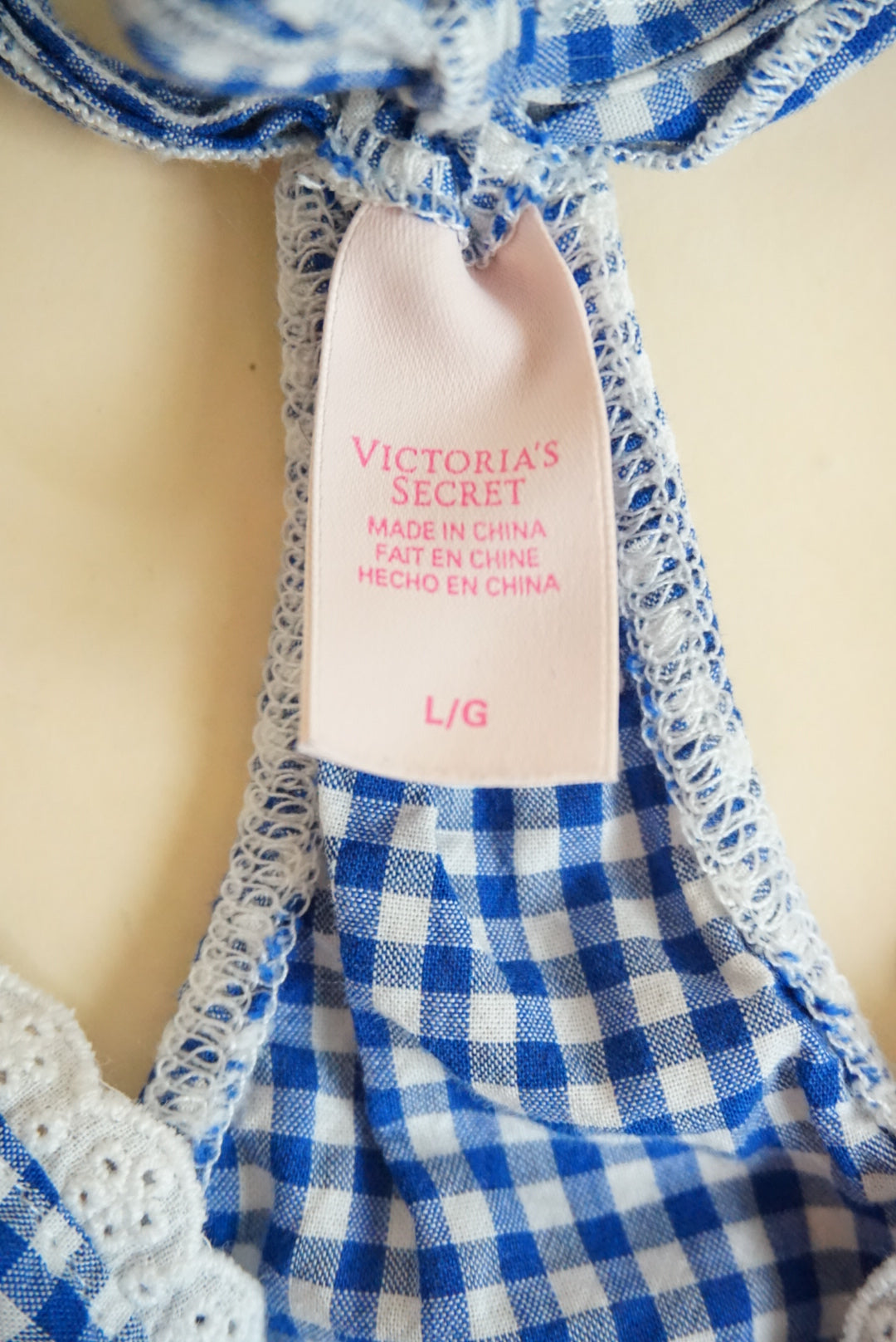 Victoria's Secret Blue Halter Gingham Lace Trim Blouse - Size Large