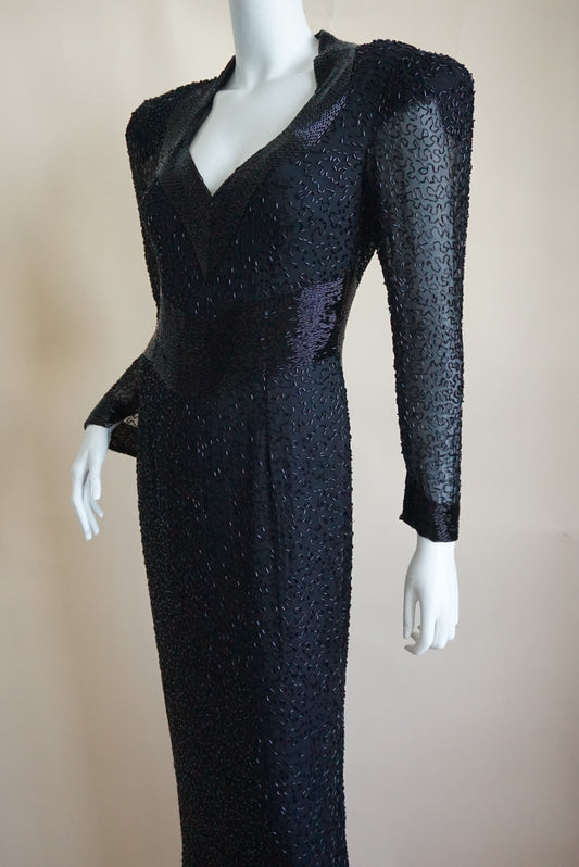 Lillie Rubin Exclusive Vintage Beaded Open Back Black Silk Statement Gown - Size 8