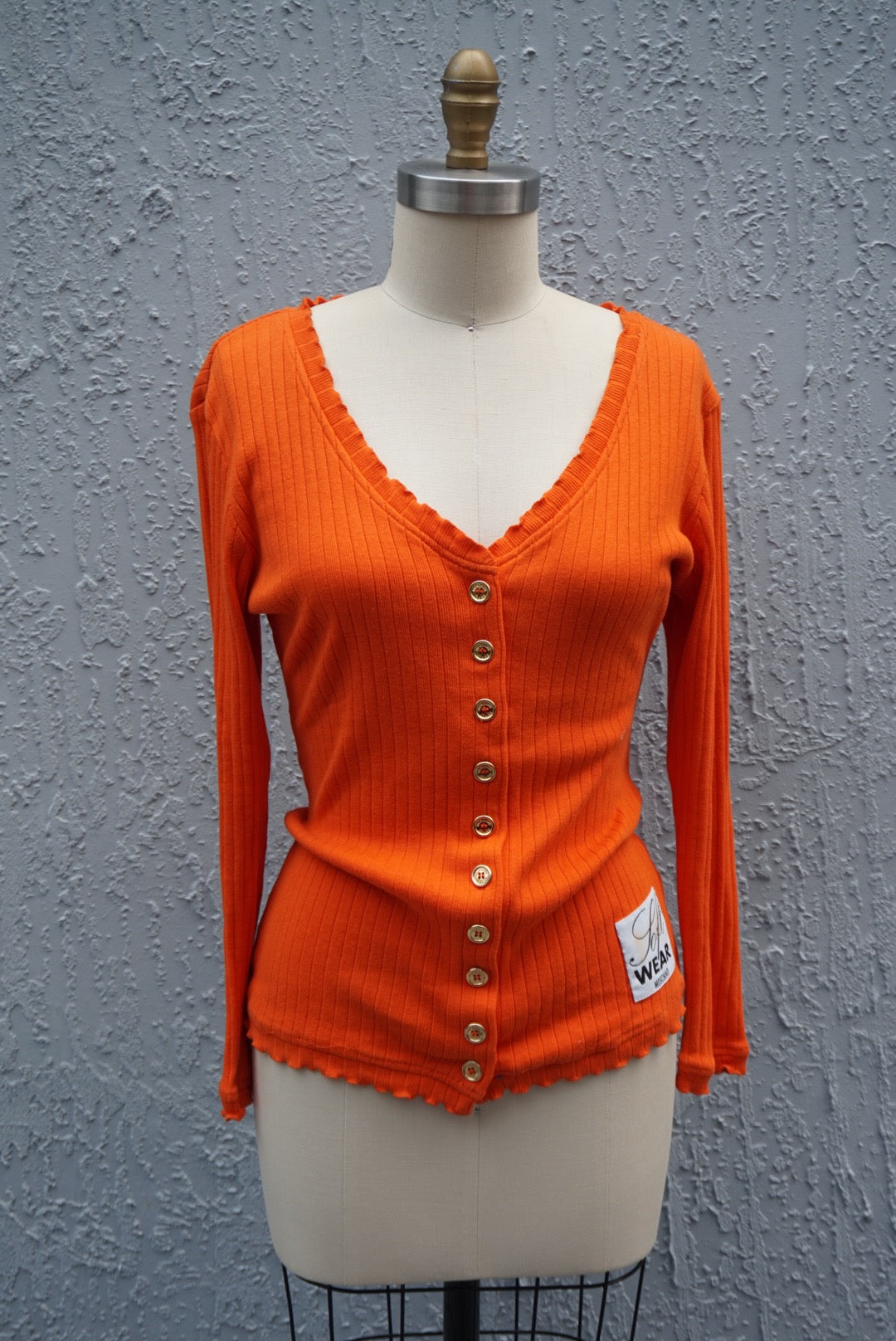 Moschino Soft Wear Orange Ribbed Knit Pleated Neckline Top - Size 44