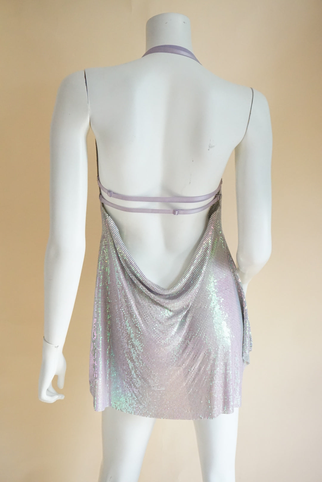 Iridescent Chain Mail Adjustable Strap Backless Mini Dress