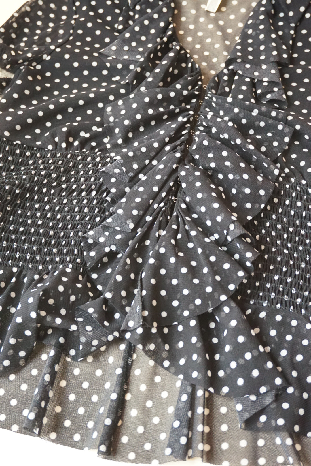Lillie Rubin Vintage Polka Dot Mesh Sheer Shirring Ruffle Blouse - Size Medium
