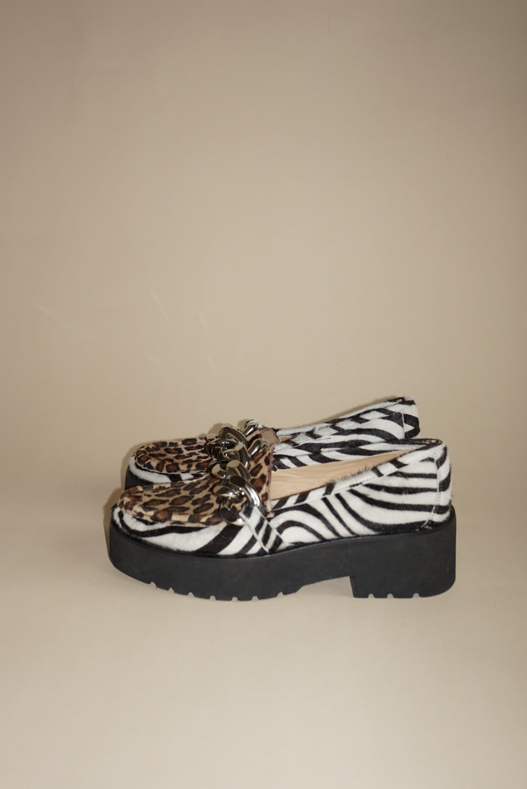 Diane B. Pony Hair Animal Print Chain Loafers - Size 37