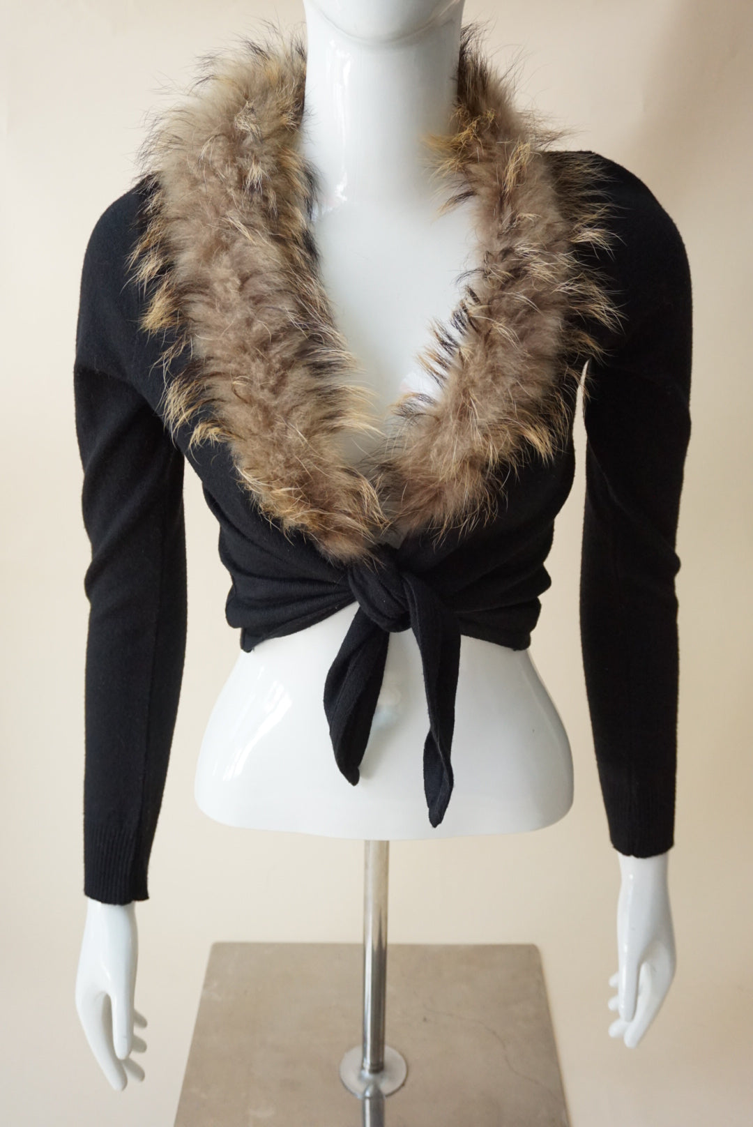 Bebe Y2K Vintage Black Fur Trim Tie Waist Cardigan - Size Medium