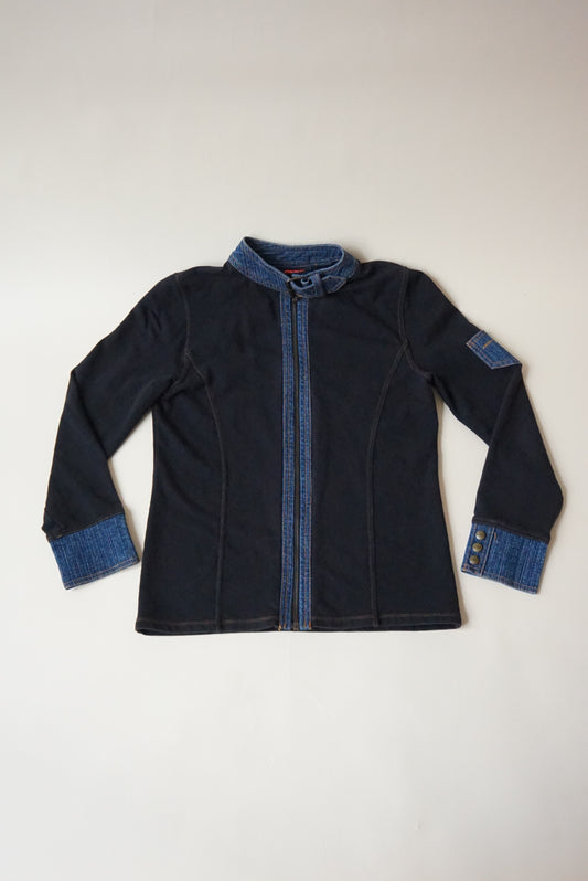 DKNY Active Vintage Knit Moto Black / Blue Denim Jacket - Size Medium