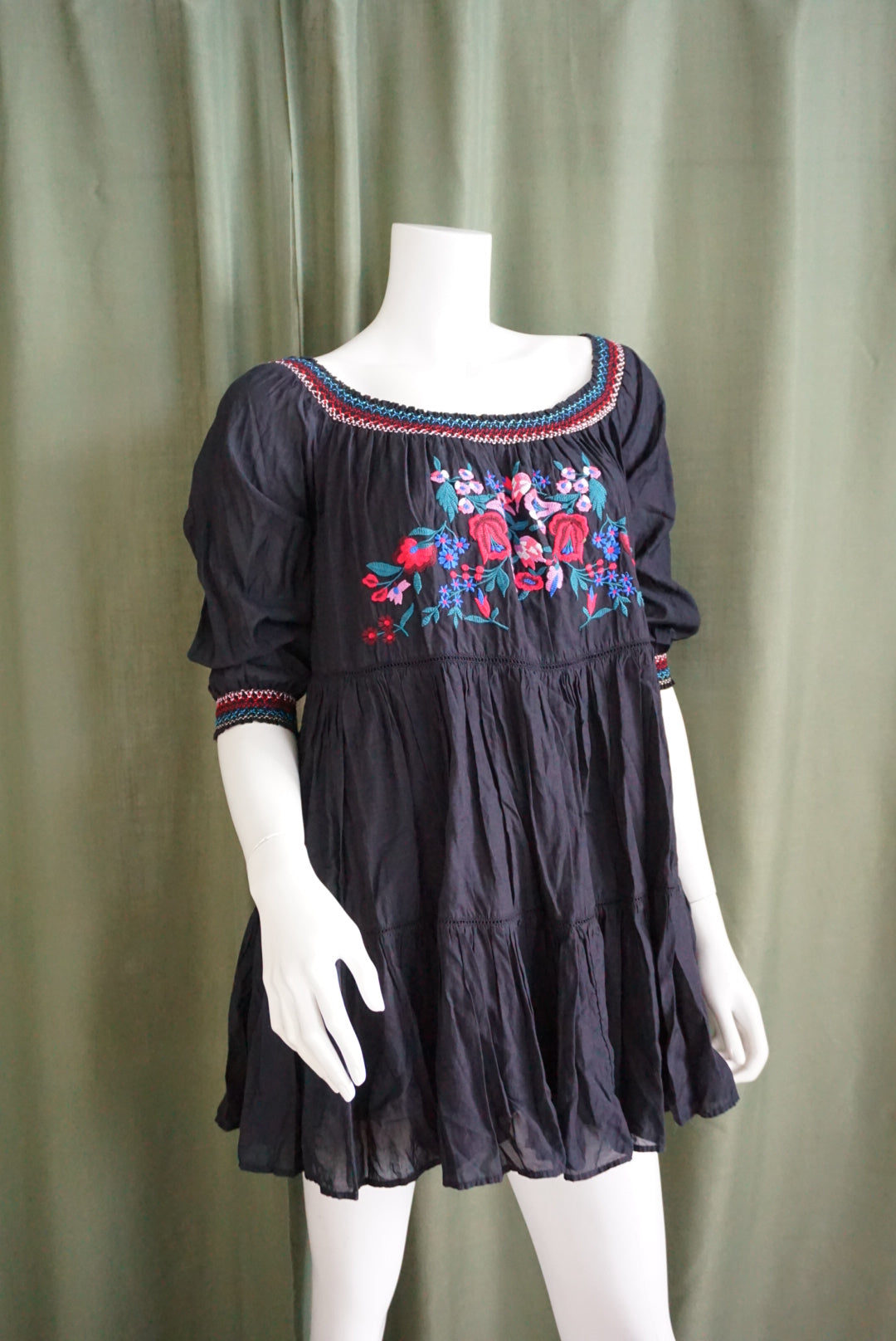 Free People Floral Embroidered Mini Shirred Black Cotton Dress - Size Medium