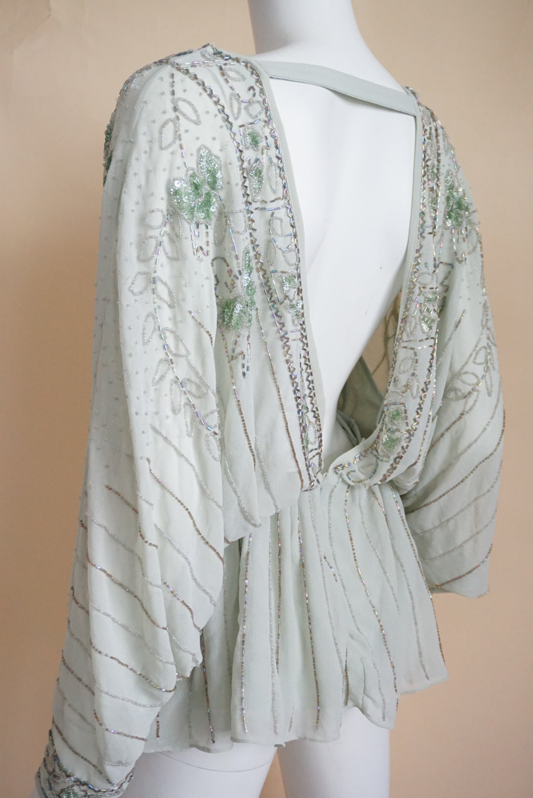Asos Sage Beaded Embellished Dolman Sleeve Sheer Open Back Tunic Blouse - Size 8