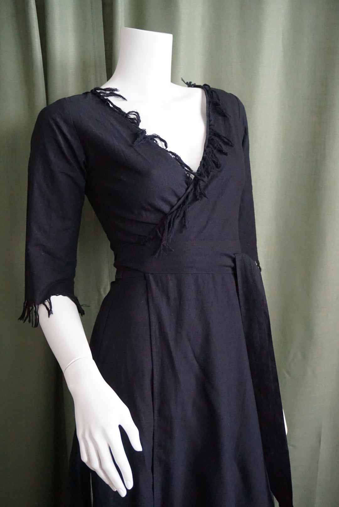 Chintamani Alchemistry Black Boho Linen Fringe Wrap Dress - Size XS