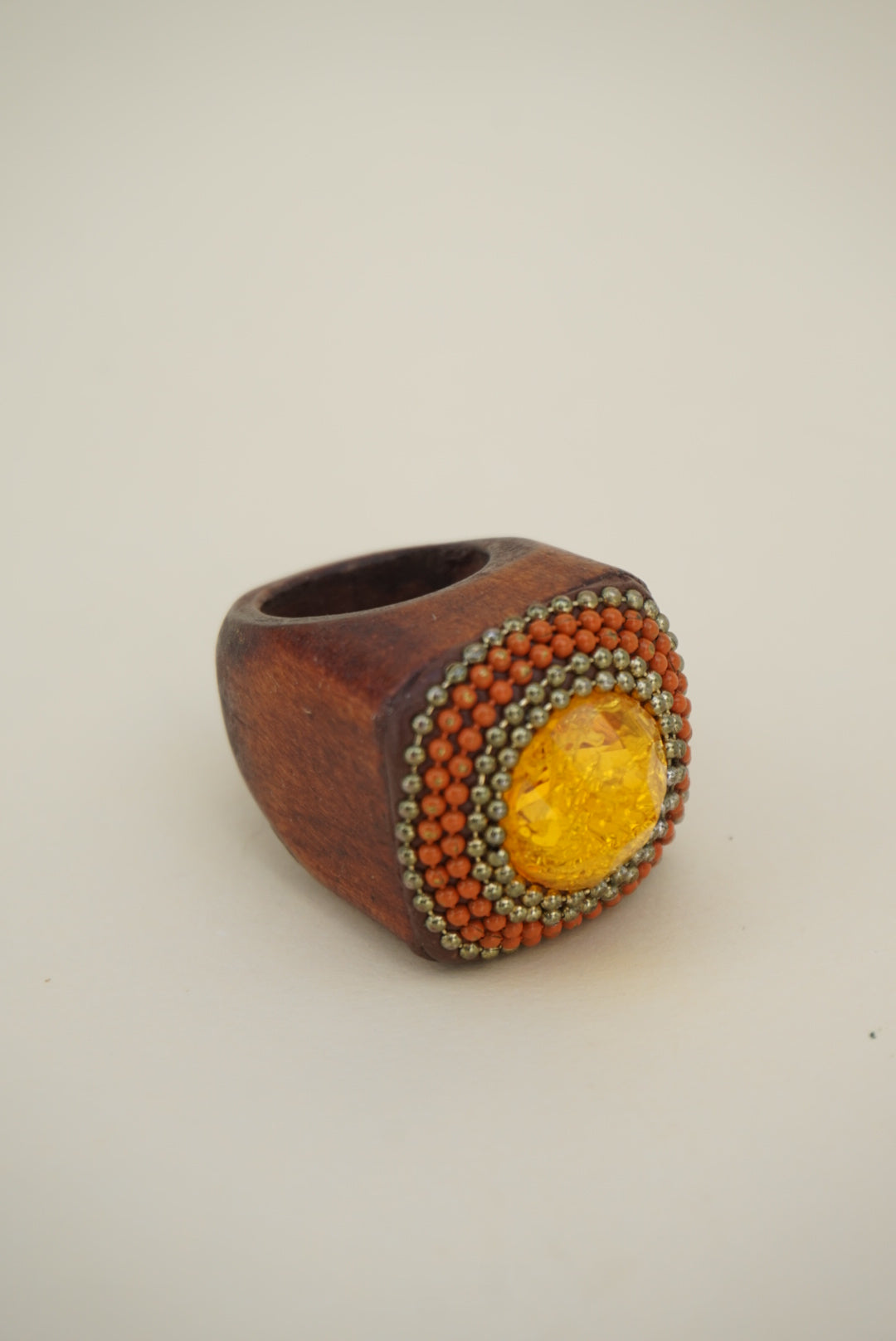 Wooden Beaded Faux Tourmaline Stone Ring - Size 7