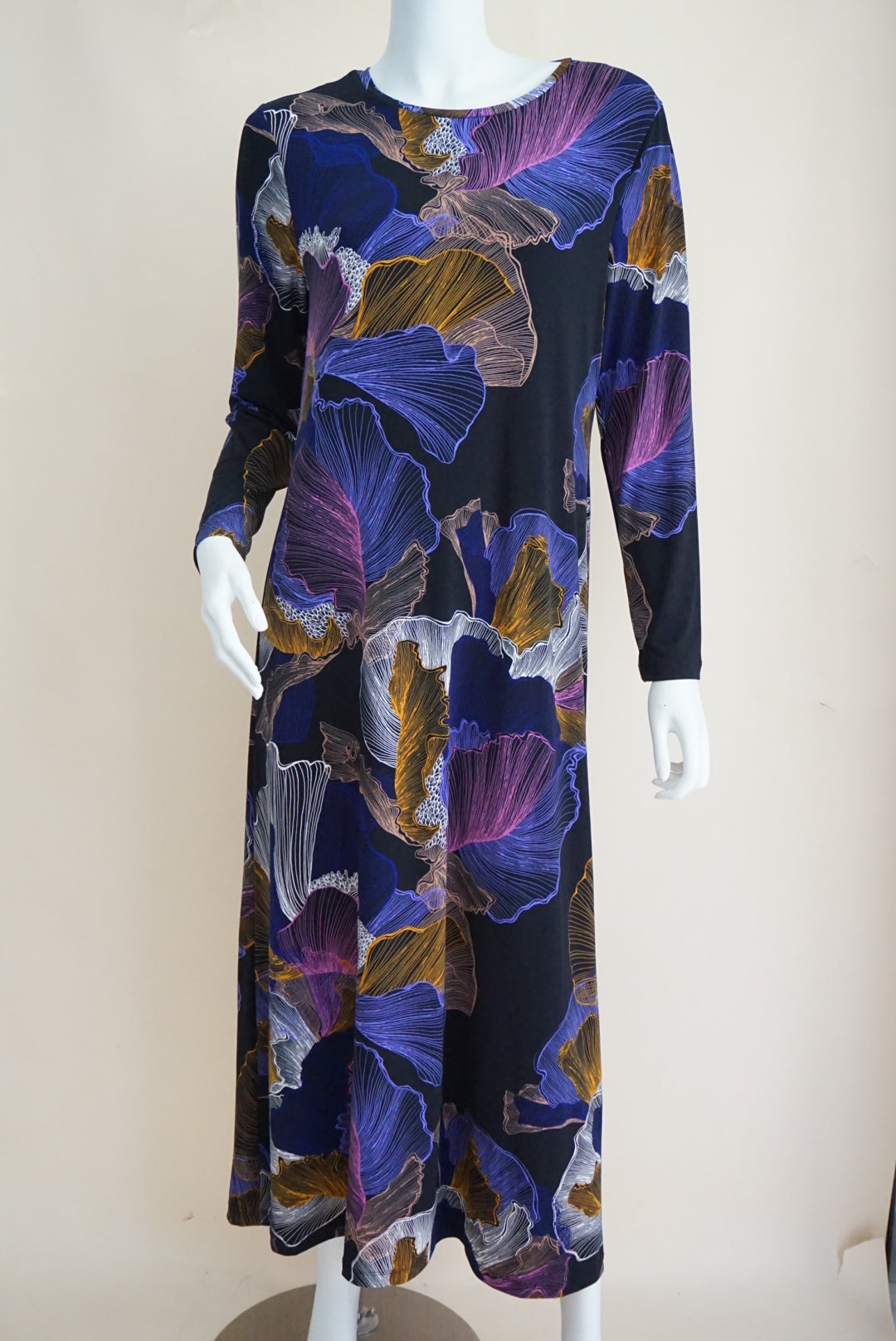 Chicos Navy Abstract Maxi Crew Neck Dress - Size Large (2)