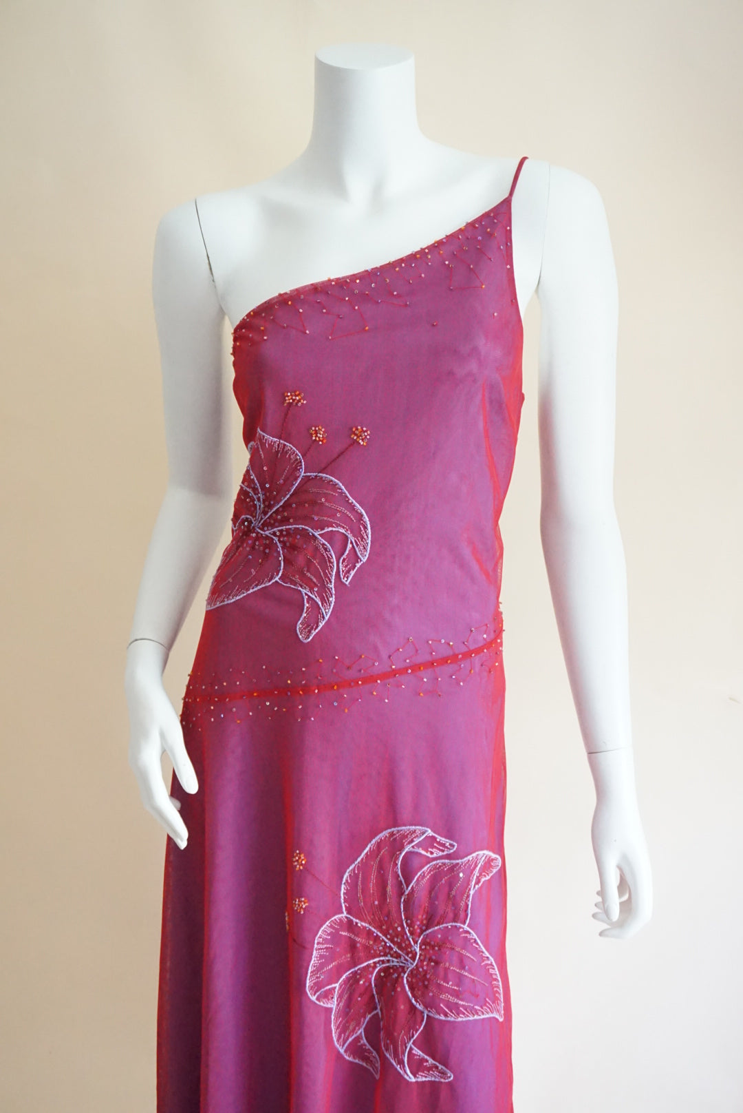 BCBGMAXAZRIA Red/Purple Lily Embroidered Beaded Y2K One Shoulder Maxi Dress - Size Large
