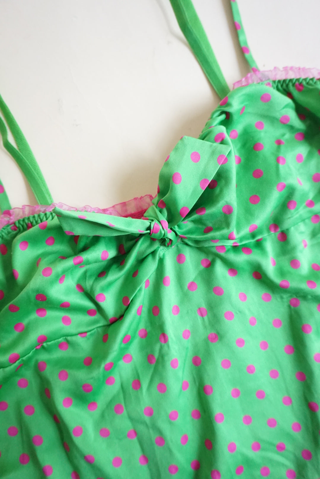 Pout Victoria's Secret Y2K Pink & Green Lace Trim Polka Dot Blouse - Size Medium