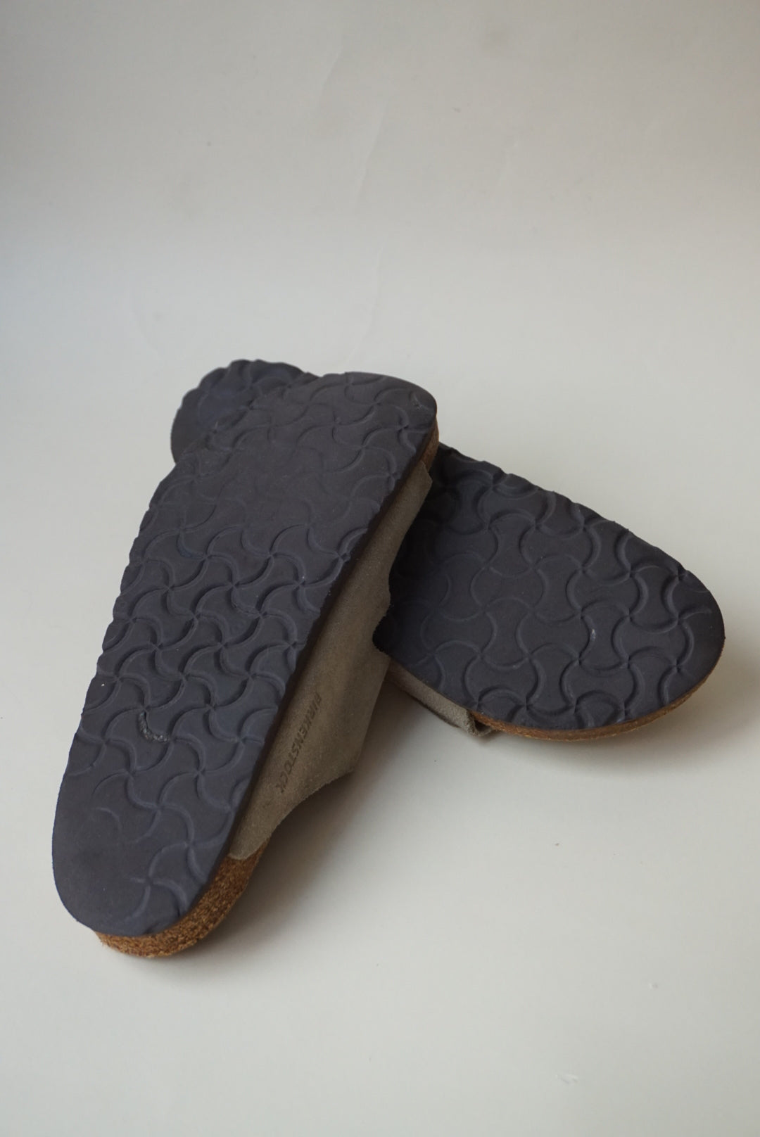 "Birkenstock" Arizona Suede Taupe "Betula" Leather Slide Sandals - Size 38