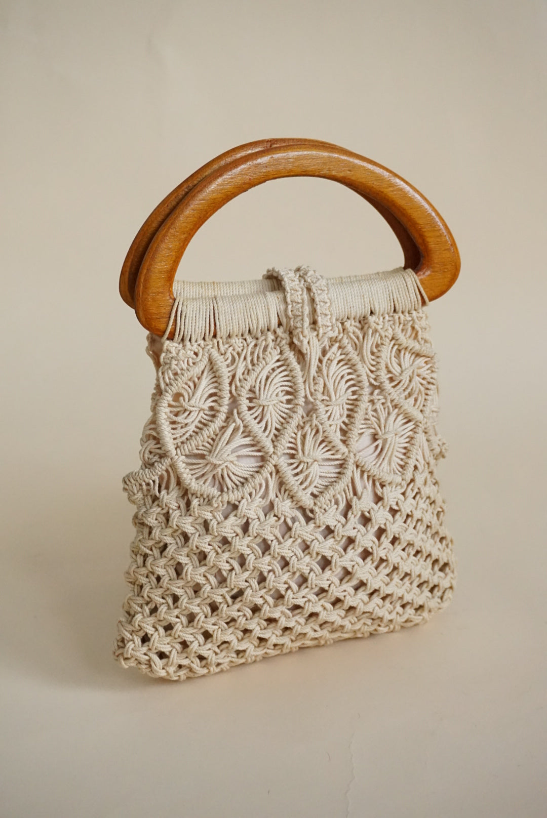 Crochet Cotton Handmade Wooden Handle Vintage Bag
