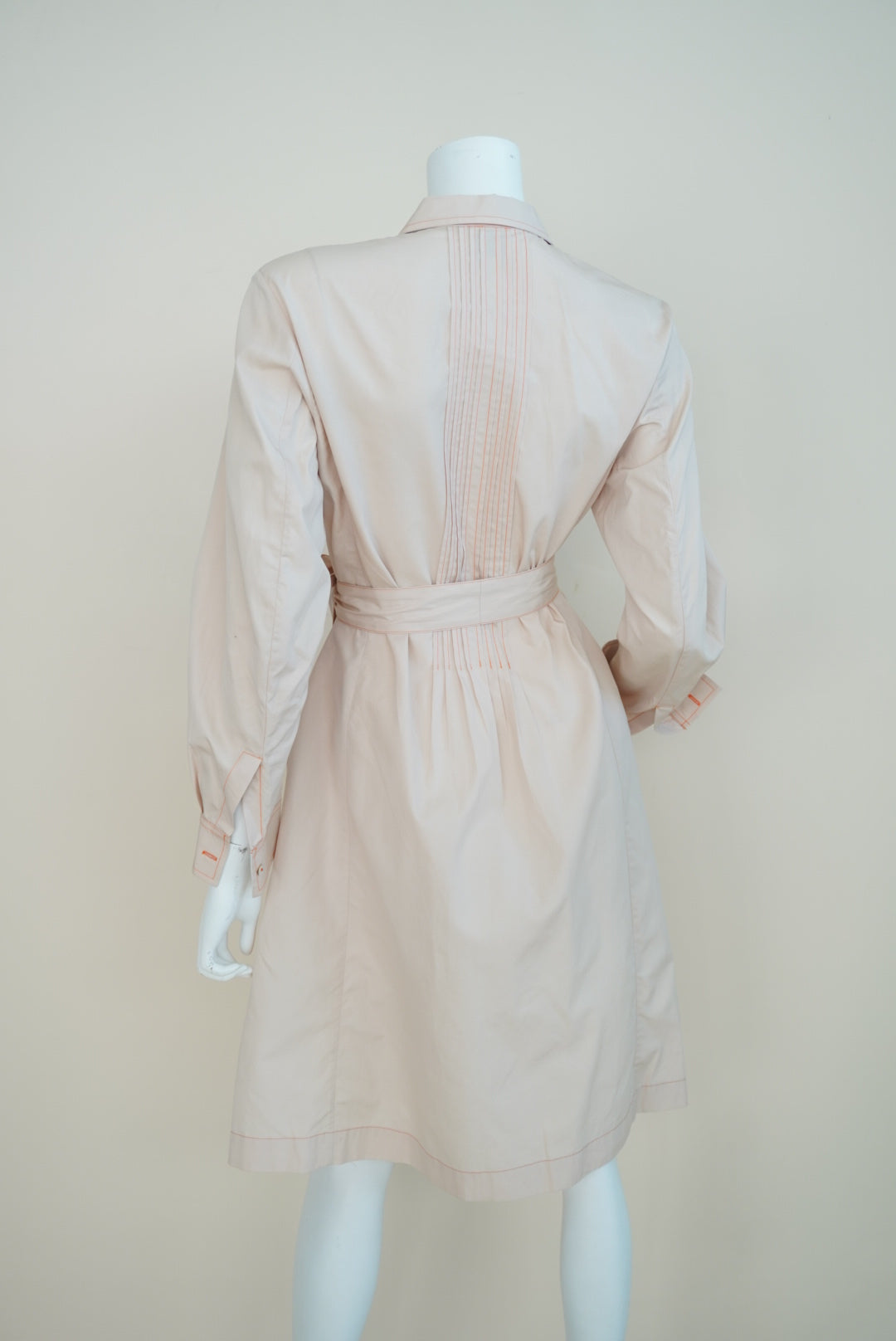 Thierry Colson Beige Orange Contrast Stitching Belted Shirtdress - Size Medium