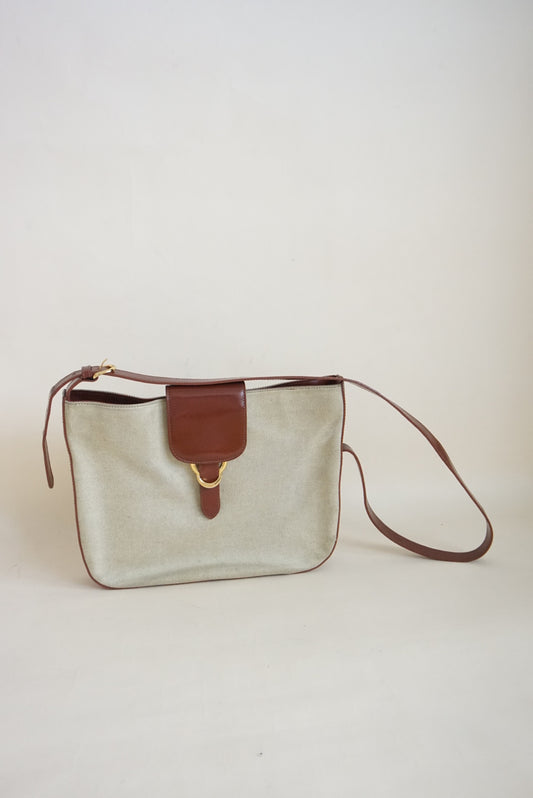 Bally Canvas Woven Brown Patent Leather Cross Body Messenger Bag