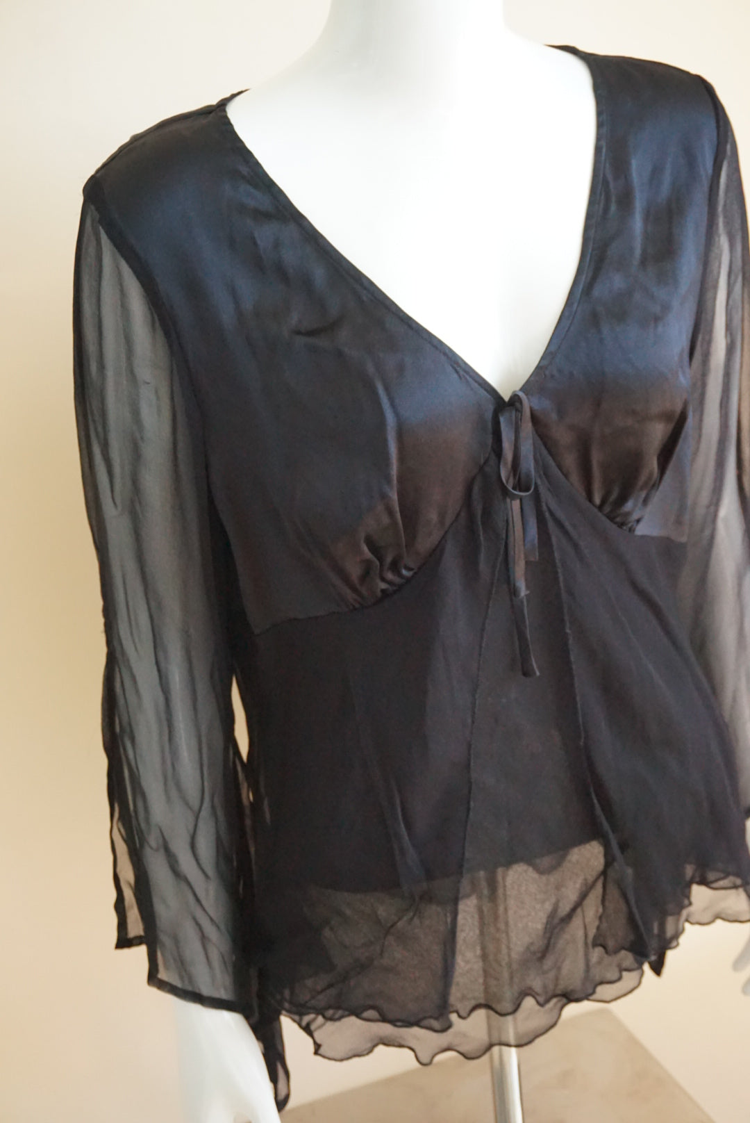 Allison Taylor Black Silk Sheer Bow Front Y2K Blouse - Size Large