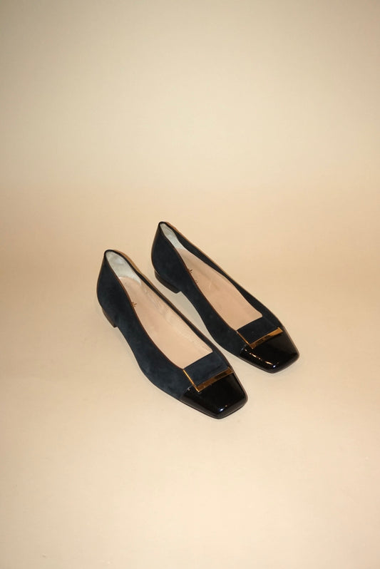Tanino Crisci Suede Square Toe Black Gold Accent Flats - Size 39