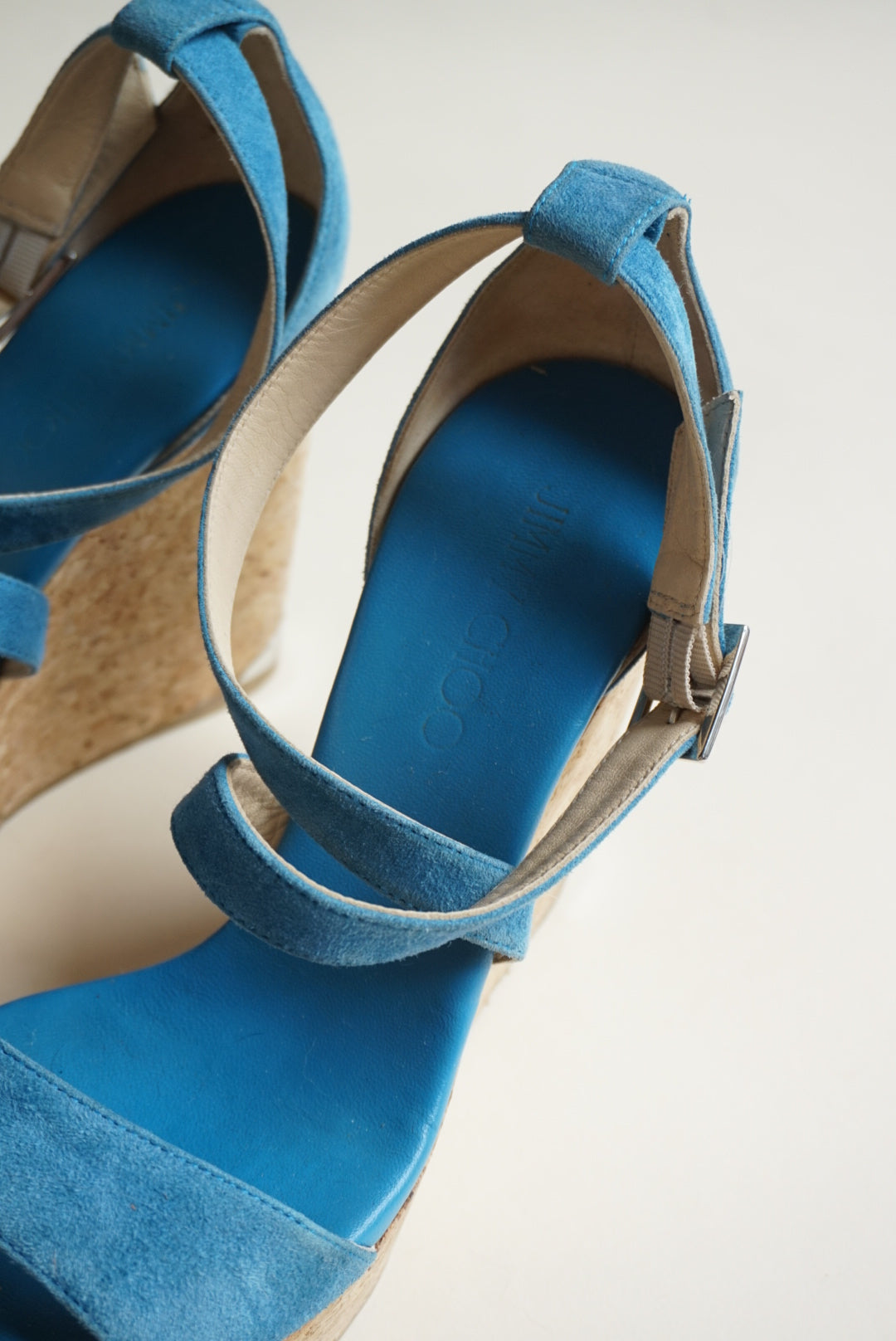 “Jimmy Choo” Blue Suede Cross Strap Cork Wedges - Size 38.5