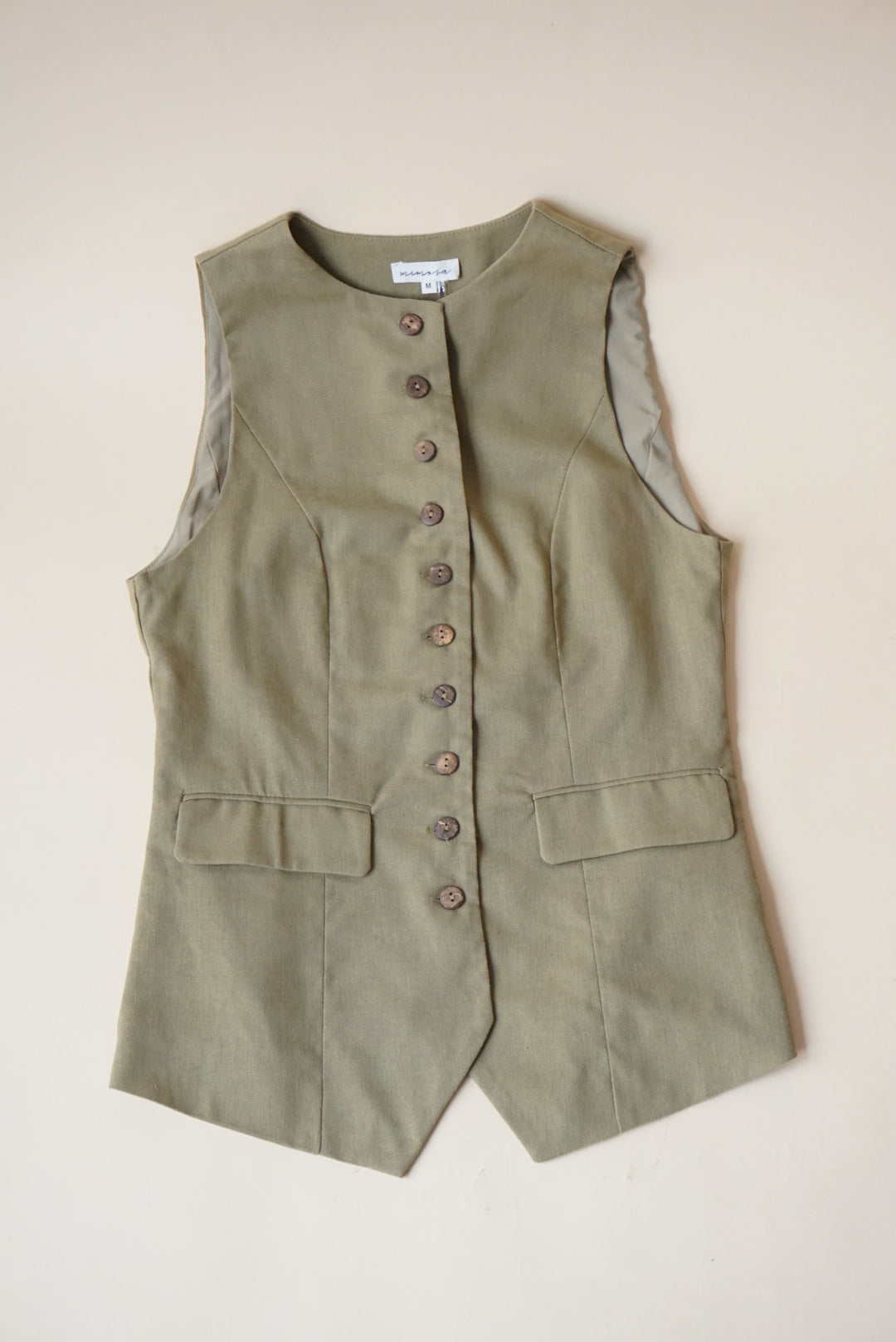 Mimosa Linen Button Up Olive Vest - Size Large