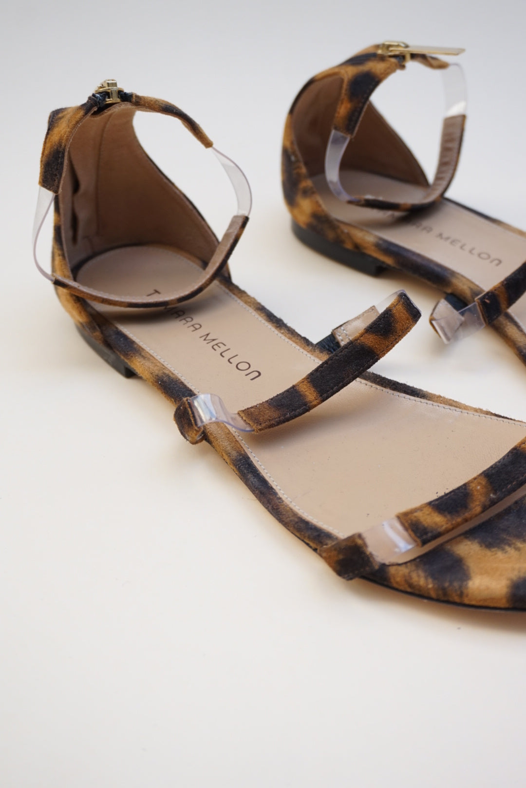 Tamara Mellon Leopard Suede Flatline Sandals  - Size 38