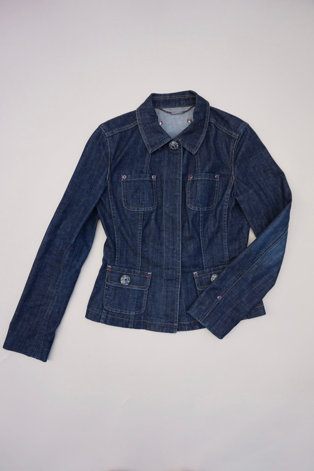 Elie Tahari Denim Y2K Rhinestone Button Blazer Denim Jacket - Size S/M