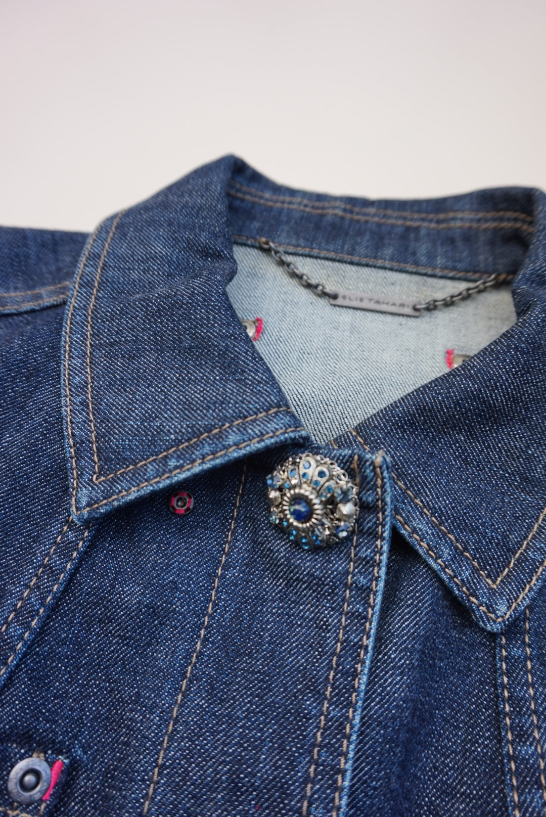 Elie Tahari Denim Y2K Rhinestone Button Blazer Denim Jacket - Size S/M