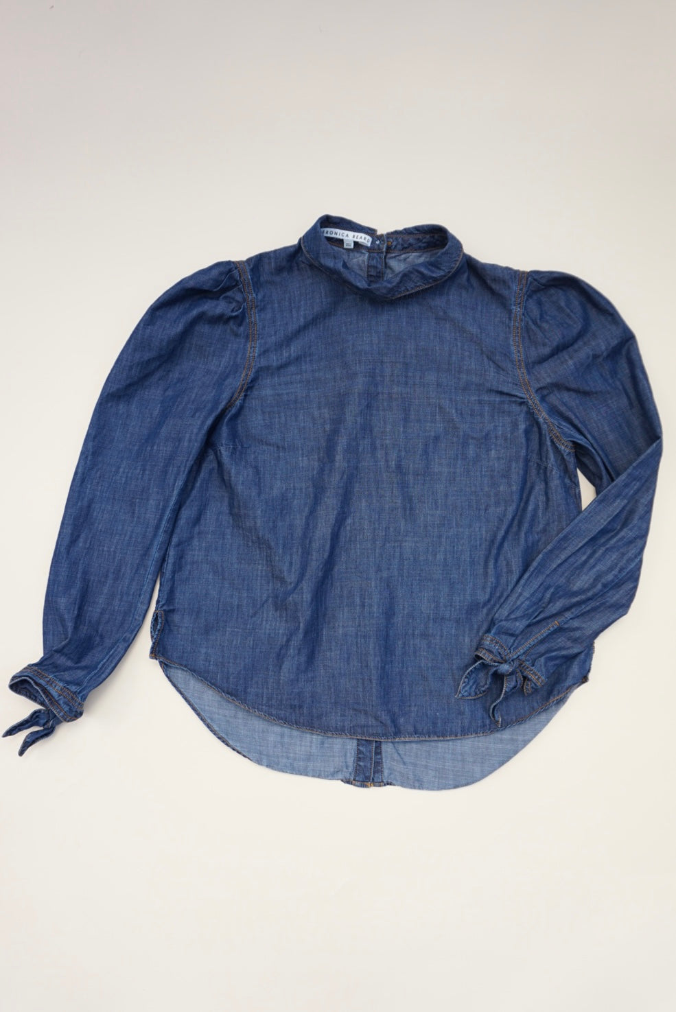 "Veronica Beard" "Isabel" Chambray Puff Sleeve Denim Mock Neck Top