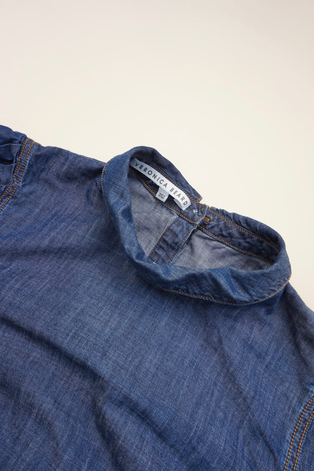 "Veronica Beard" "Isabel" Chambray Puff Sleeve Denim Mock Neck Top