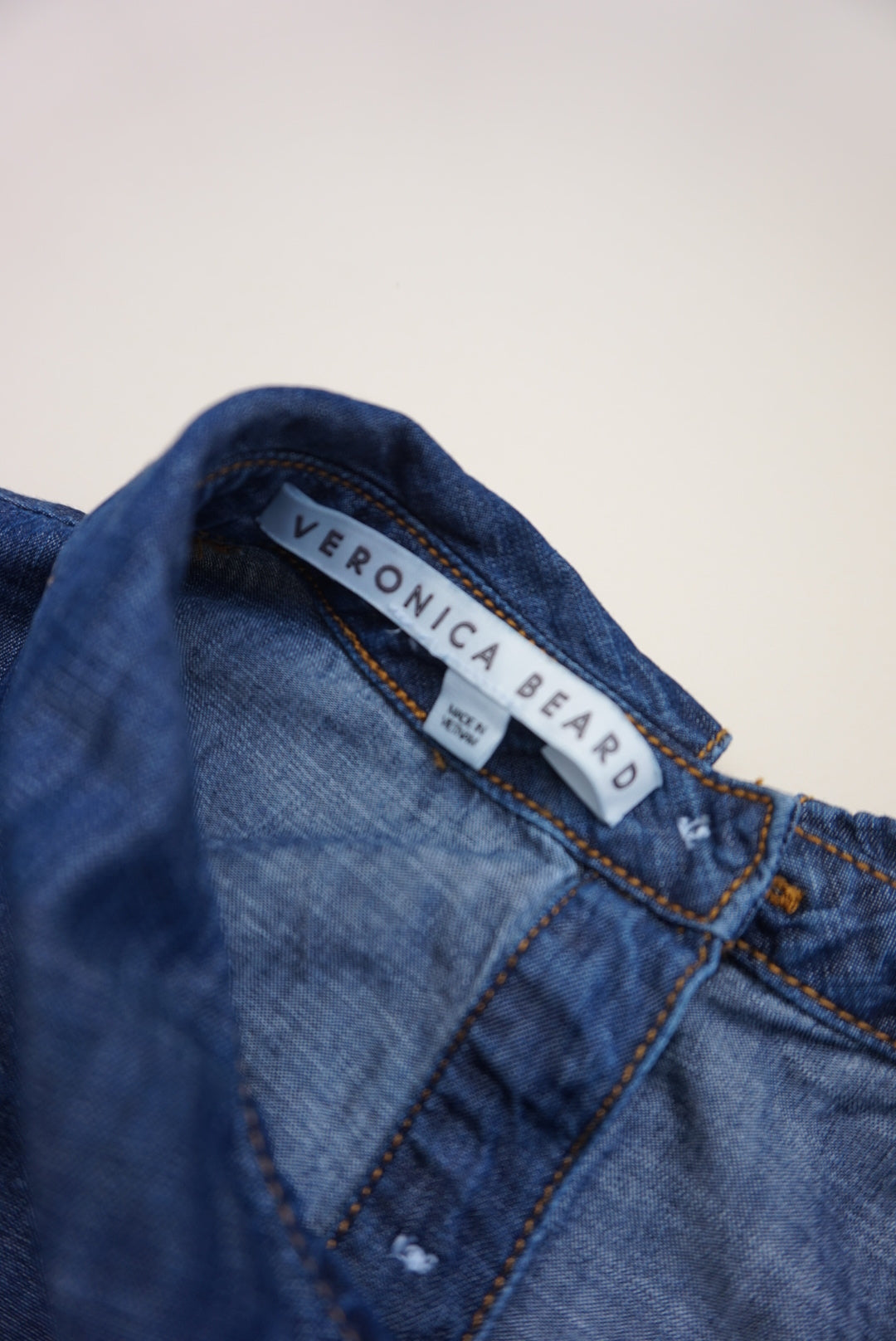 "Veronica Beard" "Isabel" Chambray Puff Sleeve Denim Mock Neck Top