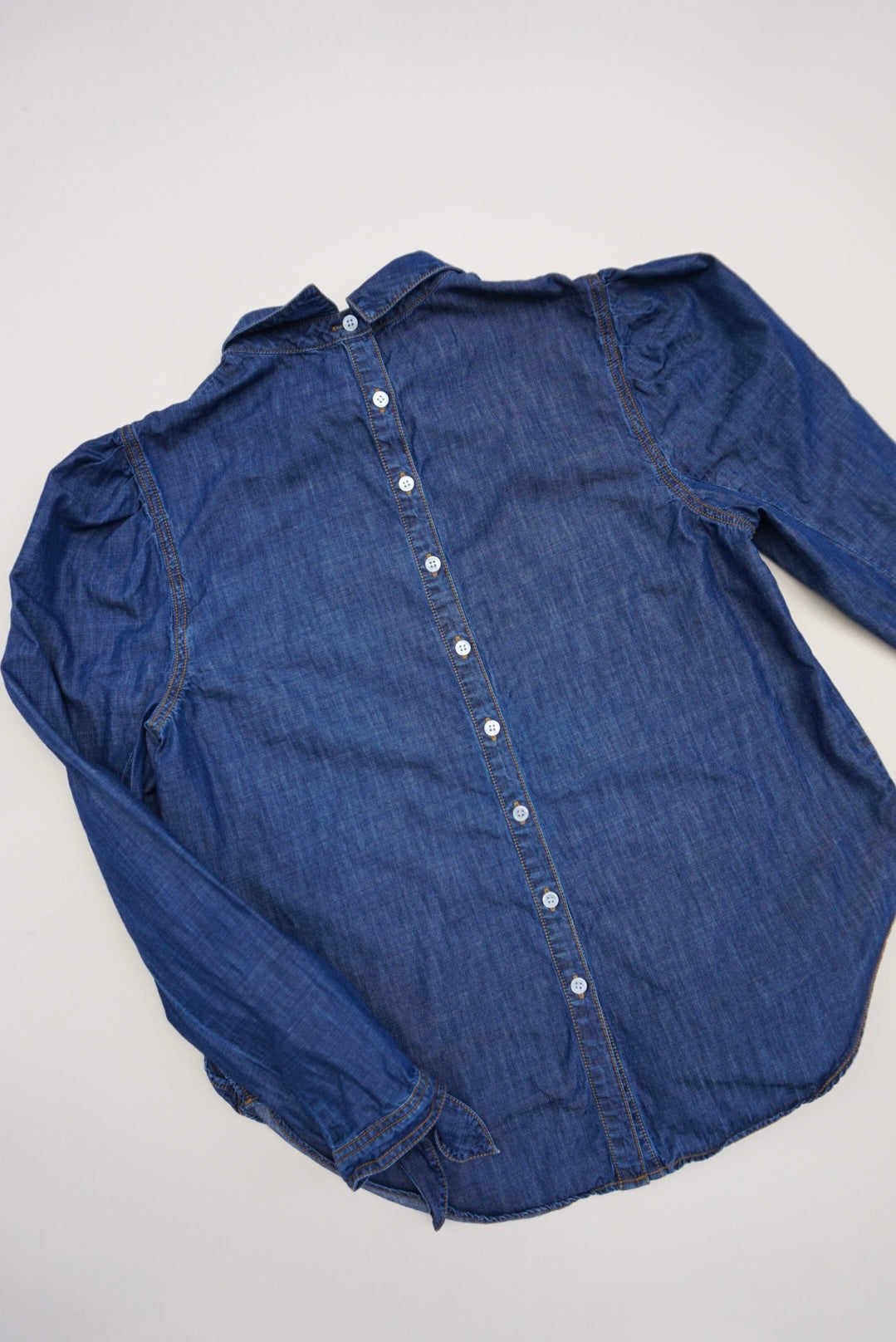 "Veronica Beard" "Isabel" Chambray Puff Sleeve Denim Mock Neck Top