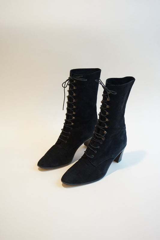 "Sesto Meucci" Black Suede Leather Victorian Style Lace Up Boots - Size 7