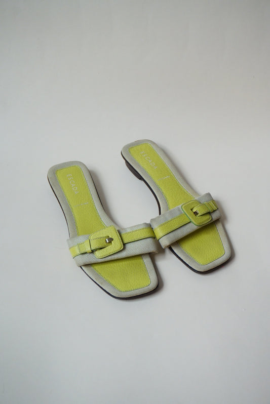 "Escada" Lime Green Fabric Buckle Y2K Flat Sandals - Size 40