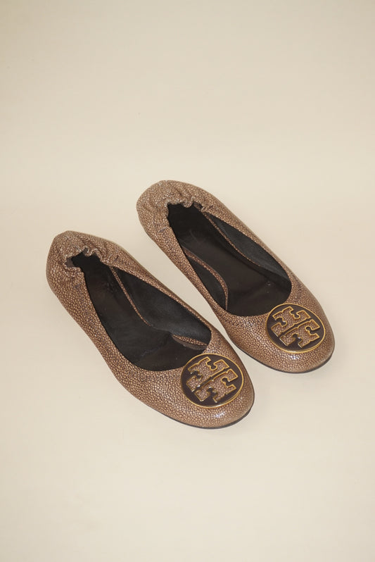 Tory Burch "Reva" Coconut Brown Stingray Leather Ballet Flat - Size 6