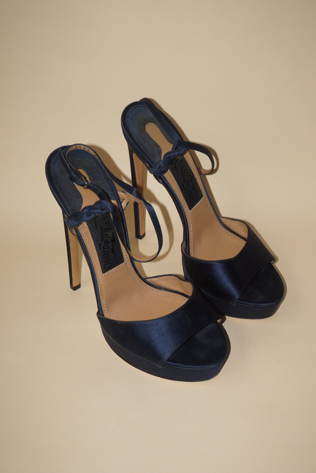 Salvatore Ferragamo Navy Blue Satin Platform 100mm Heel - Size 9
