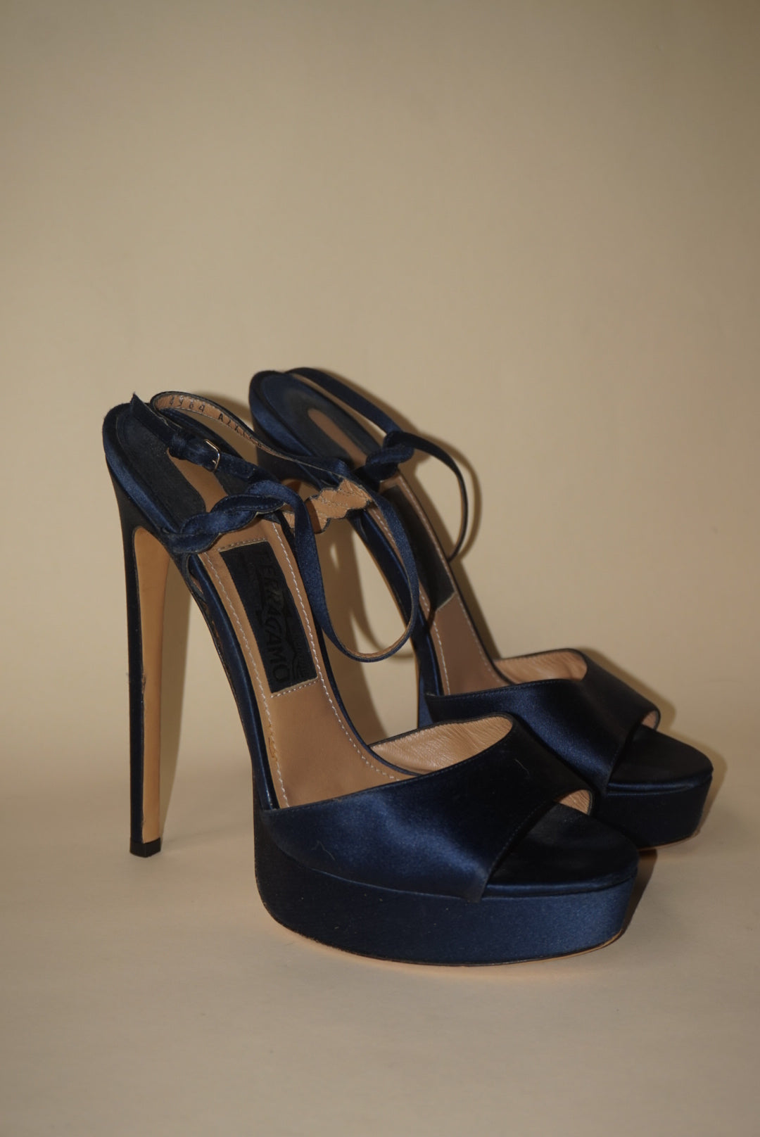 Salvatore Ferragamo Navy Blue Satin Platform 100mm Heel - Size 9