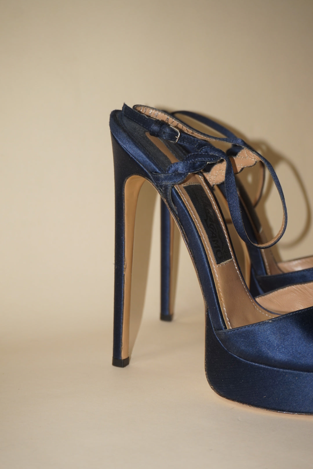 Salvatore Ferragamo Navy Blue Satin Platform 100mm Heel - Size 9